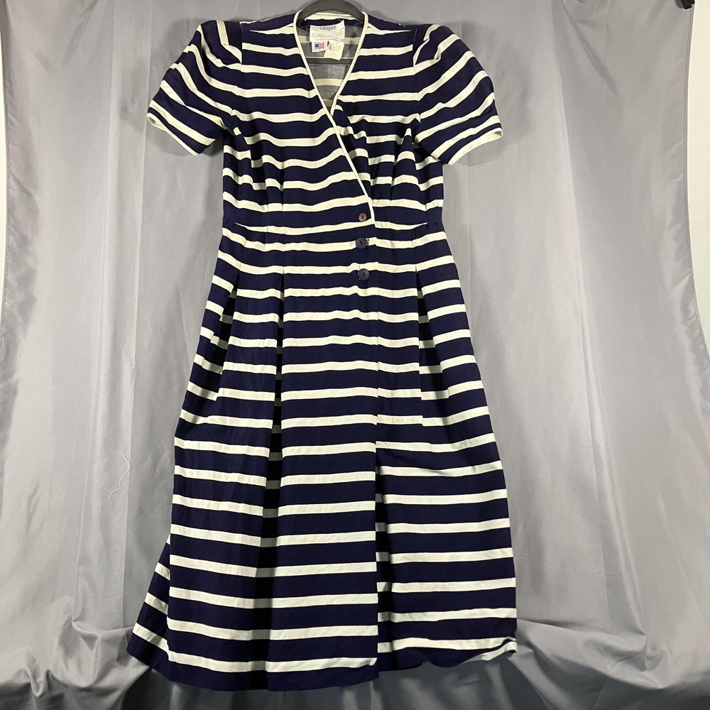 Vintage I Magnin California Dress‎ Womens 12 Navy Stripe Wrap Midi USA 80s